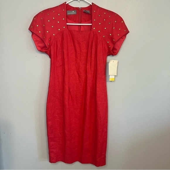 Liz Claiborne Dresses & Skirts - NEW Liz Claiborne 100% Linen Shift Dress Gold Studs Square Neck Petite Sz 2 Red